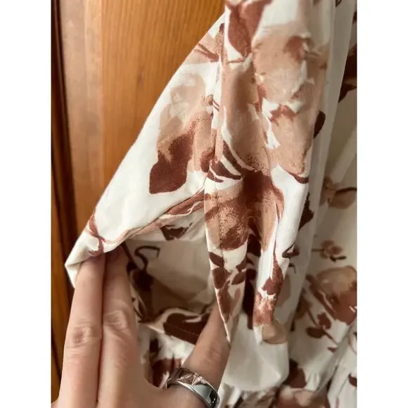 Abercrombie & Fitch Women's Brown Floral Smocked Puff Sleeve Midi Dress Size LT - Picture 6 of 11